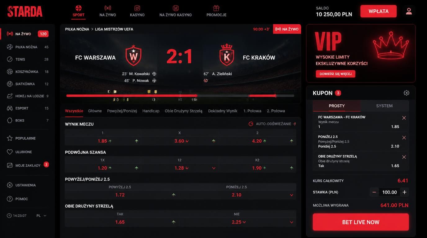 Interfejs zakładów live z dynamicznymi kursami i VIP