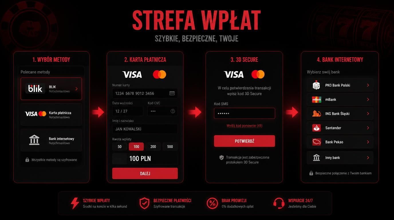 Interfejs z metodami płatności typowymi dla Polski – BLIK, karta bankowa, 3D Secure