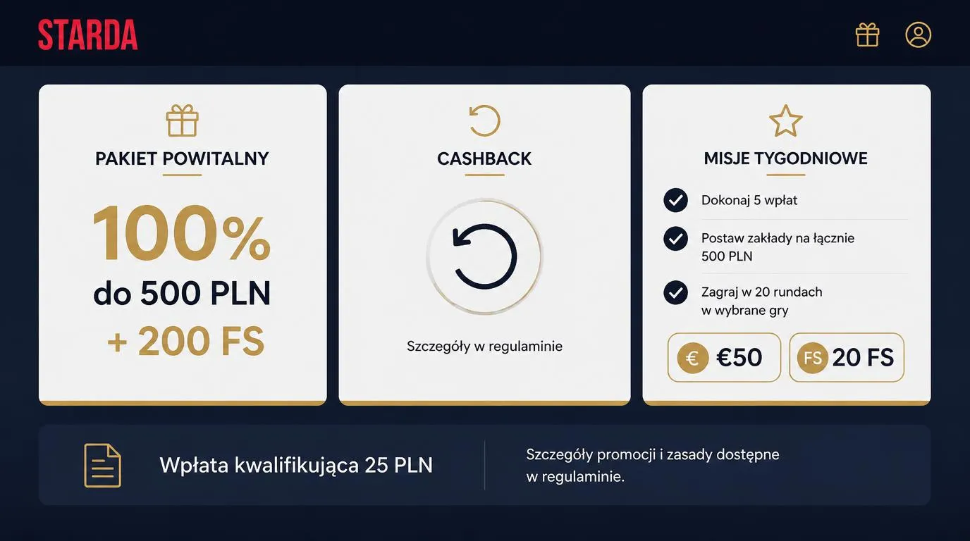 Panel bonusów z ofertą powitalną, kartą cashbacku i cotygodniowymi misjami oraz informacją o wpłacie 25 PLN