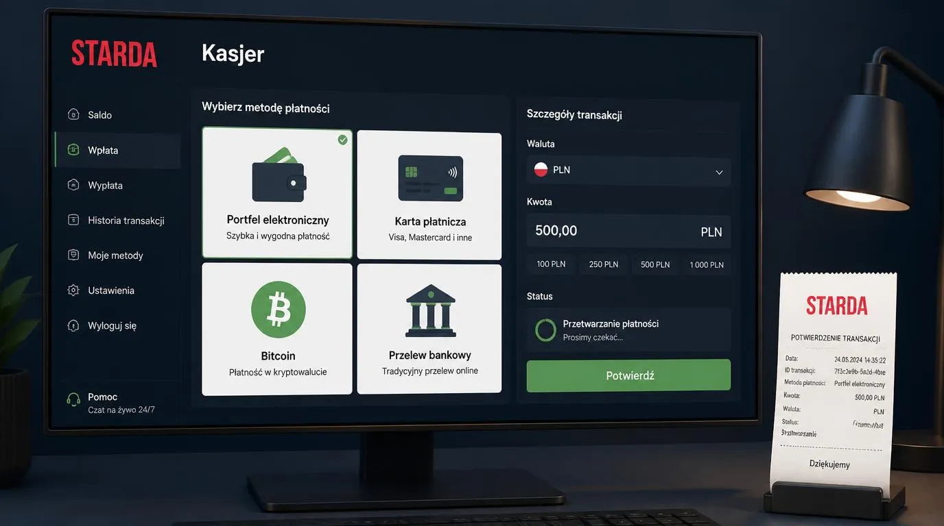Panel kasjera z portfelem elektronicznym, kartą, Bitcoinem i przelewem oraz podglądem kwoty w PLN