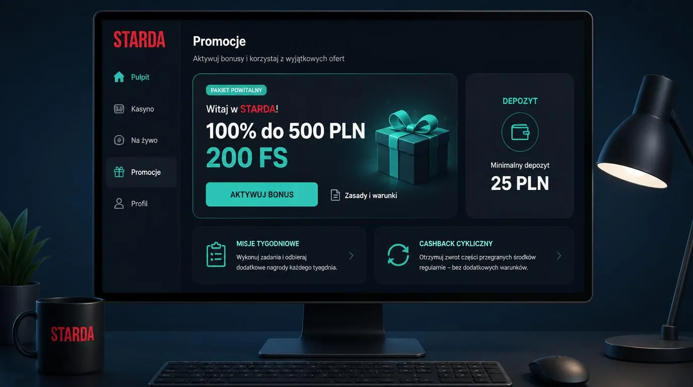 Panel bonusu powitalnego z ofertą 100% do 500 PLN, 200 darmowymi spinami i minimalnym depozytem 25 PLN
