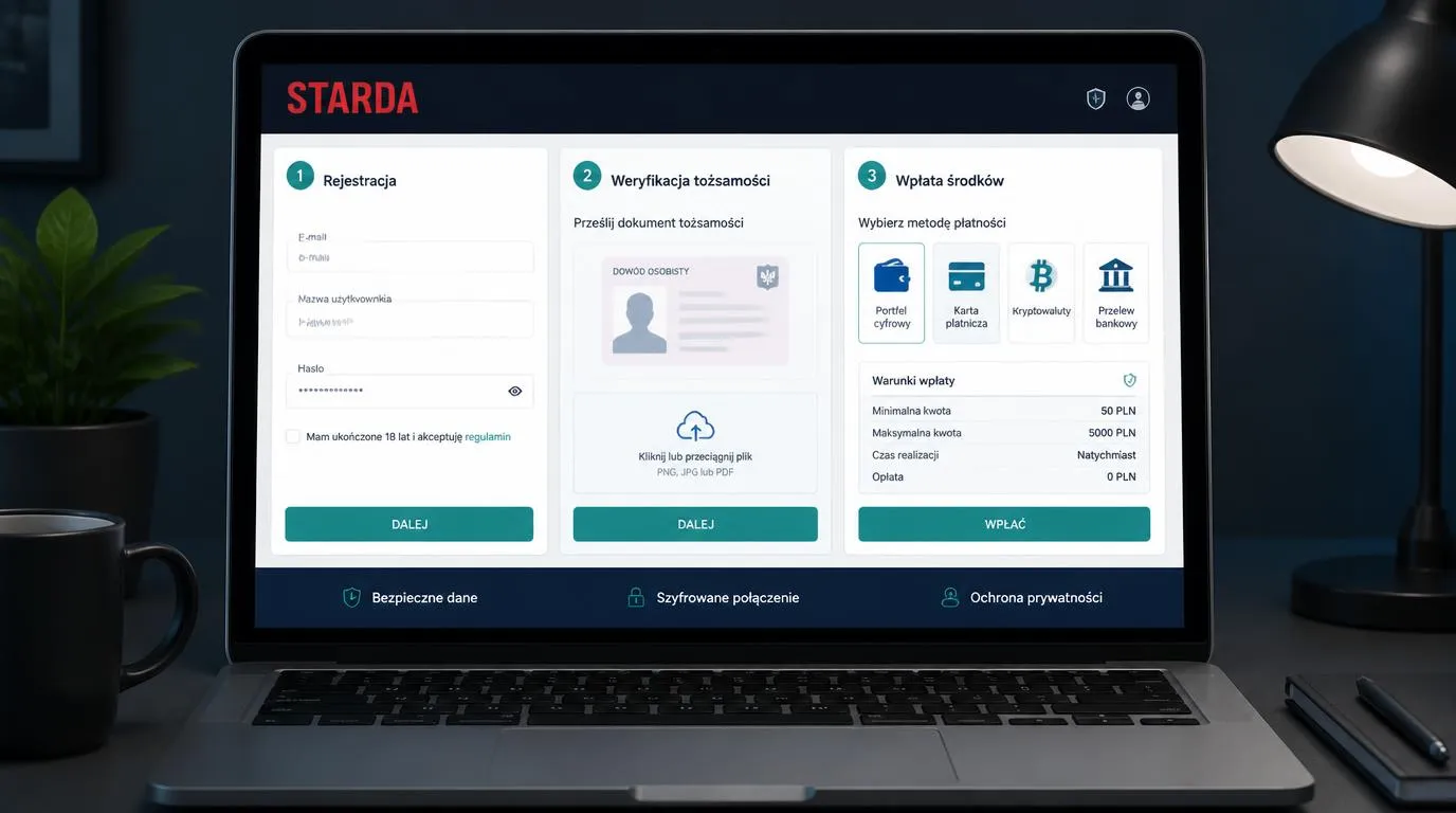 Panel rejestracji, weryfikacji tożsamości i kasy z wyborem metody wpłaty w kasynie online
